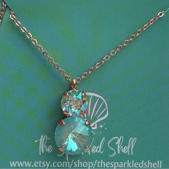 The Sparkled Shell Jewelry - 12mm/8mm Seamist Delite & Lt Azore AB Crystal Necklace w/‎ Rose Gold Tone Chain